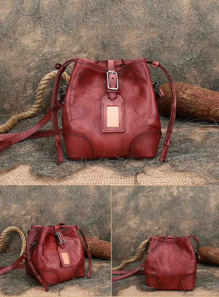 Womens Small Leather Shoulder Bag Leather Bucket Bag