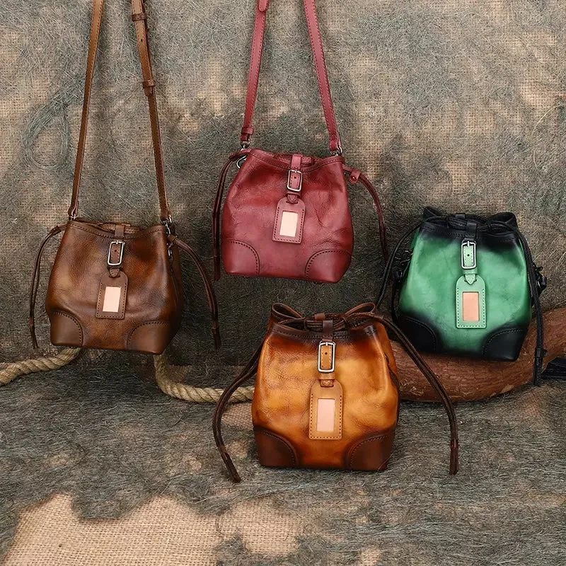 Womens Small Leather Shoulder Bag Leather Bucket Bag