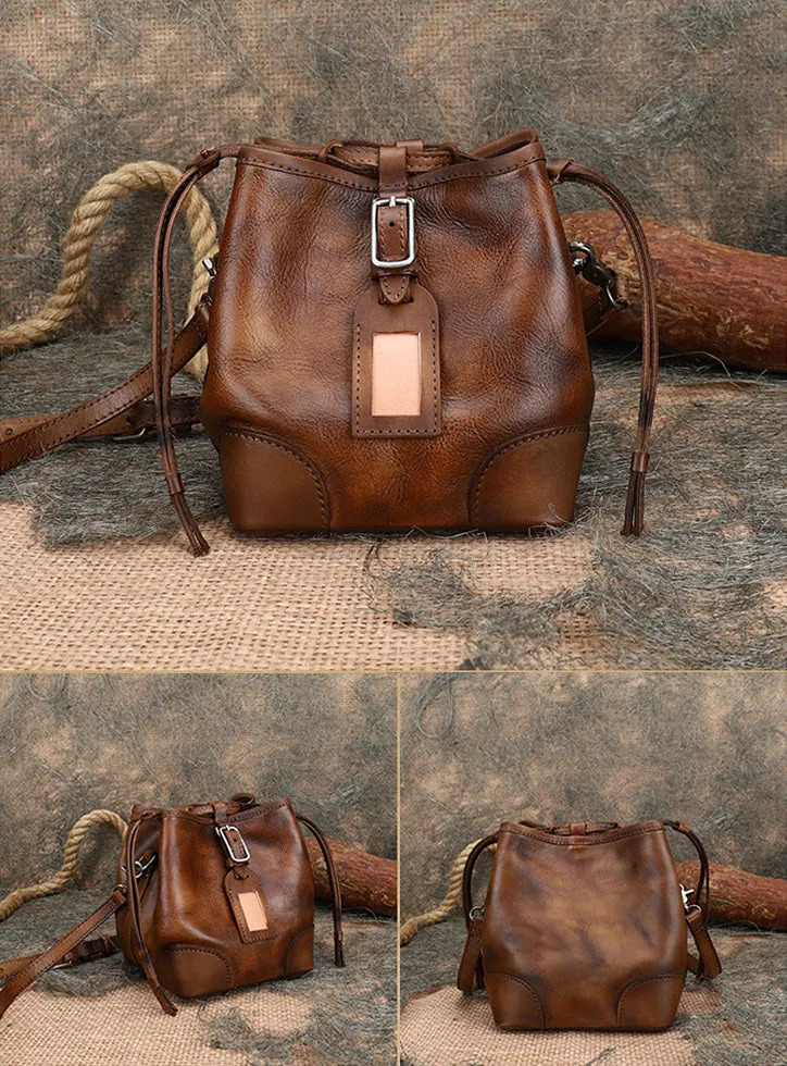 Womens Small Leather Shoulder Bag Leather Bucket Bag